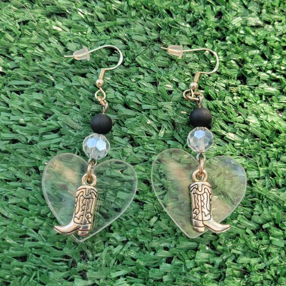 Brand New Hand-made Clear Heart Western Cowboy Boot Earrings 925 hooks - Picture 2 of 2